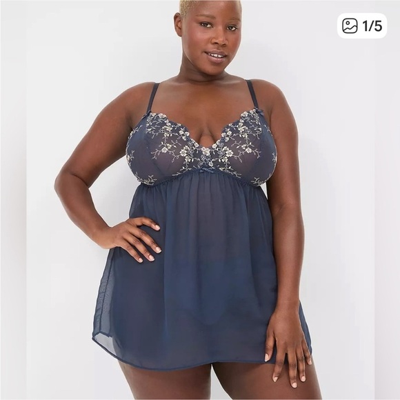 Cacique Midnight Blue Shimmer Embroidered Babydoll Sheer Chemise Size 22/24 - Picture 15 of 15